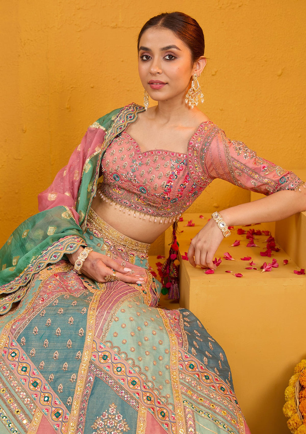 Peach Threadwork Banarasi Readymade Lehenga-Koskii
