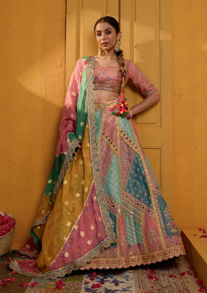 Peach Threadwork Banarasi Readymade Lehenga-Koskii
