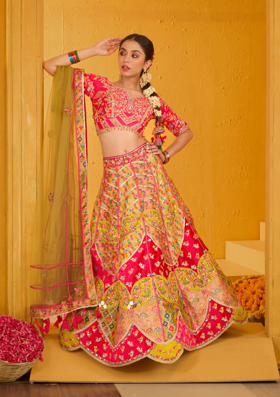 Rani Pink Threadwork Banarasi Readymade Lehenga-Koskii