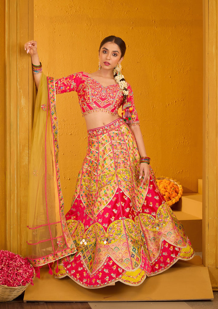 Rani Pink Threadwork Banarasi Readymade Lehenga-Koskii