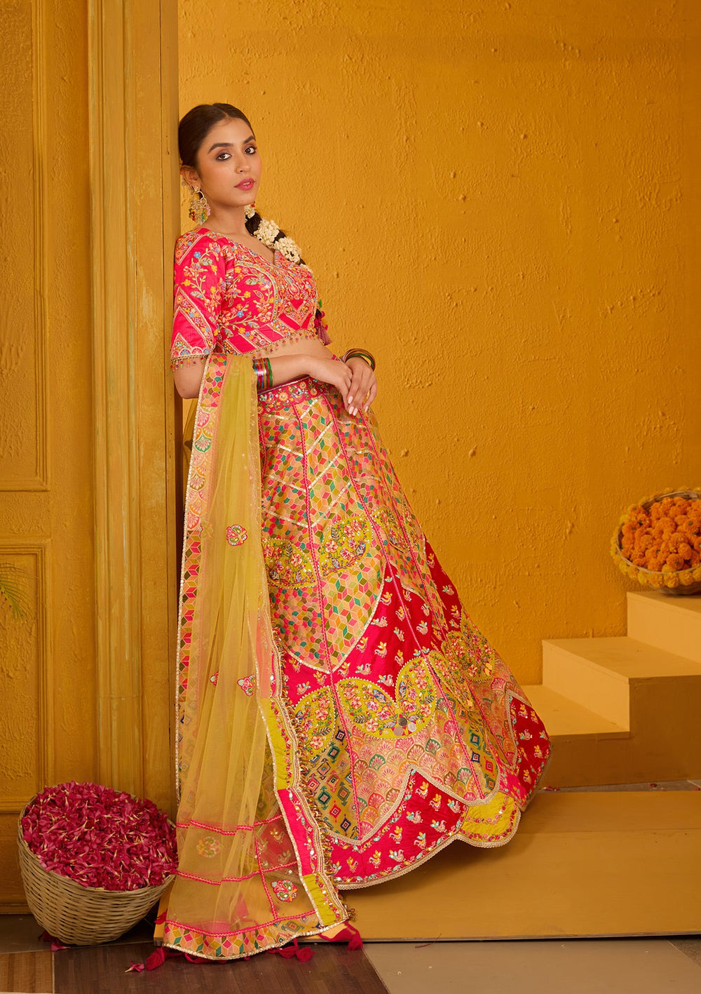 Rani Pink Threadwork Banarasi Readymade Lehenga-Koskii