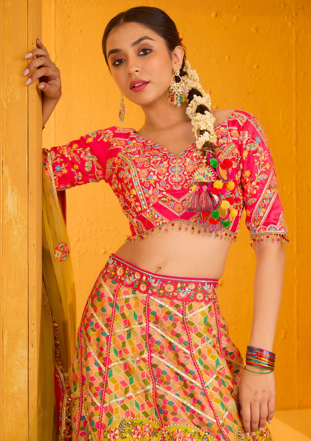 Rani Pink Threadwork Banarasi Readymade Lehenga-Koskii