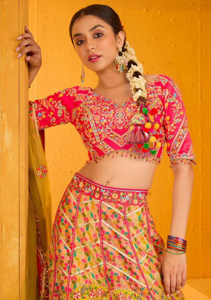 Rani Pink Threadwork Banarasi Readymade Lehenga-Koskii