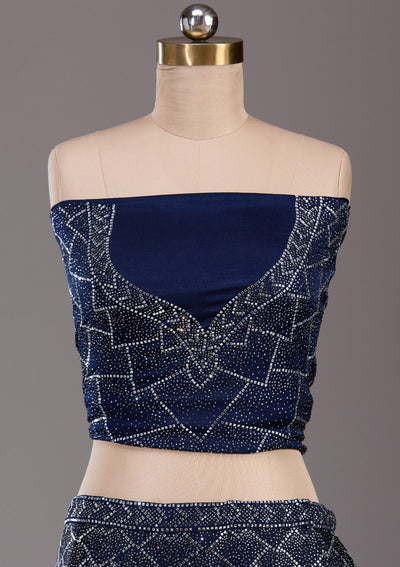 Navy Blue Silver Stonework Semi Crepe Readymade Lehenga-Koskii