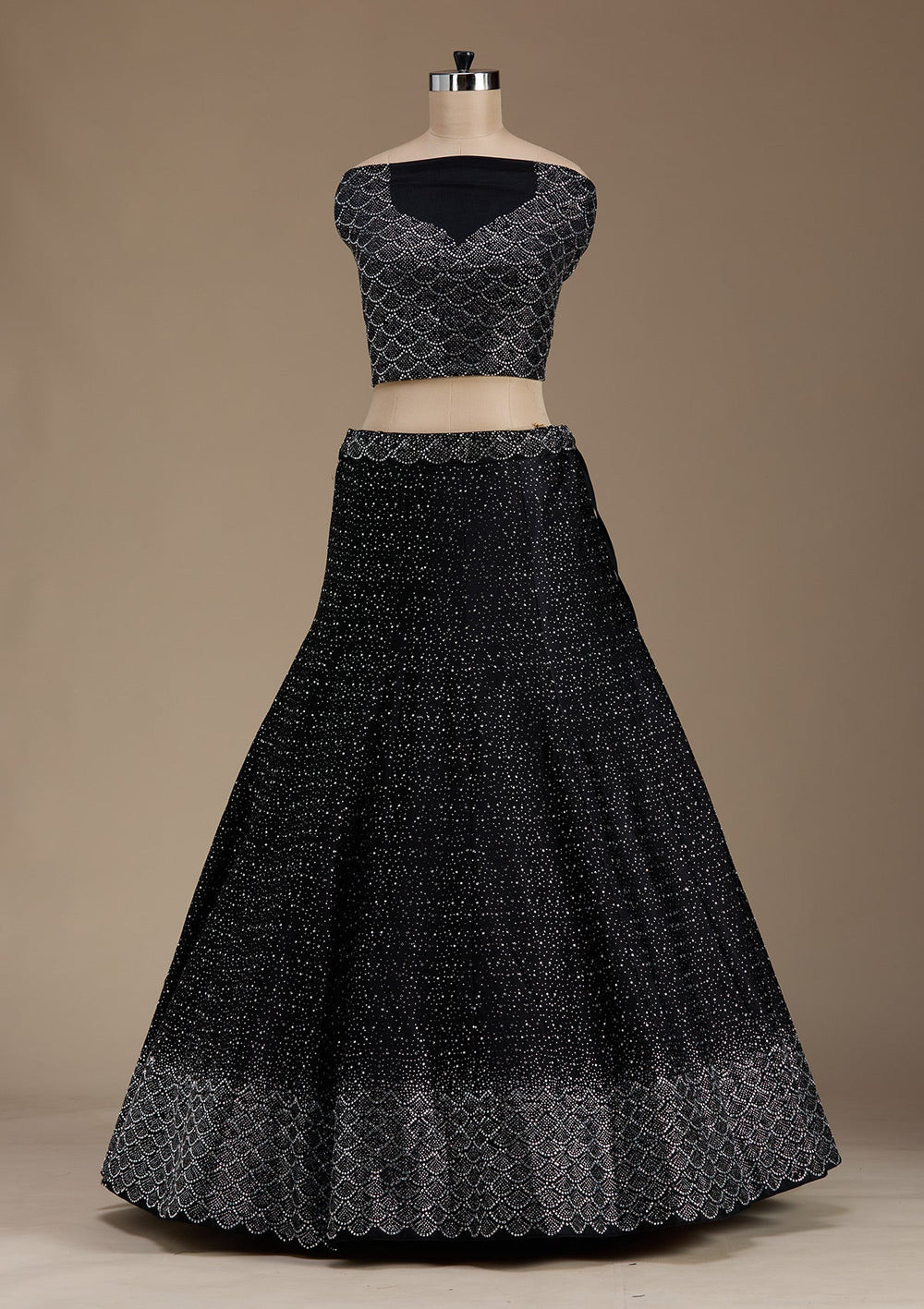 Black Stonework Semi Crepe Semi-Stitched Lehenga-koskii