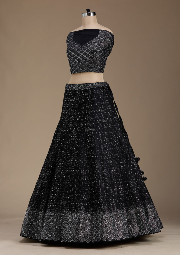 Black Stonework Semi Crepe Semi-Stitched Lehenga-koskii