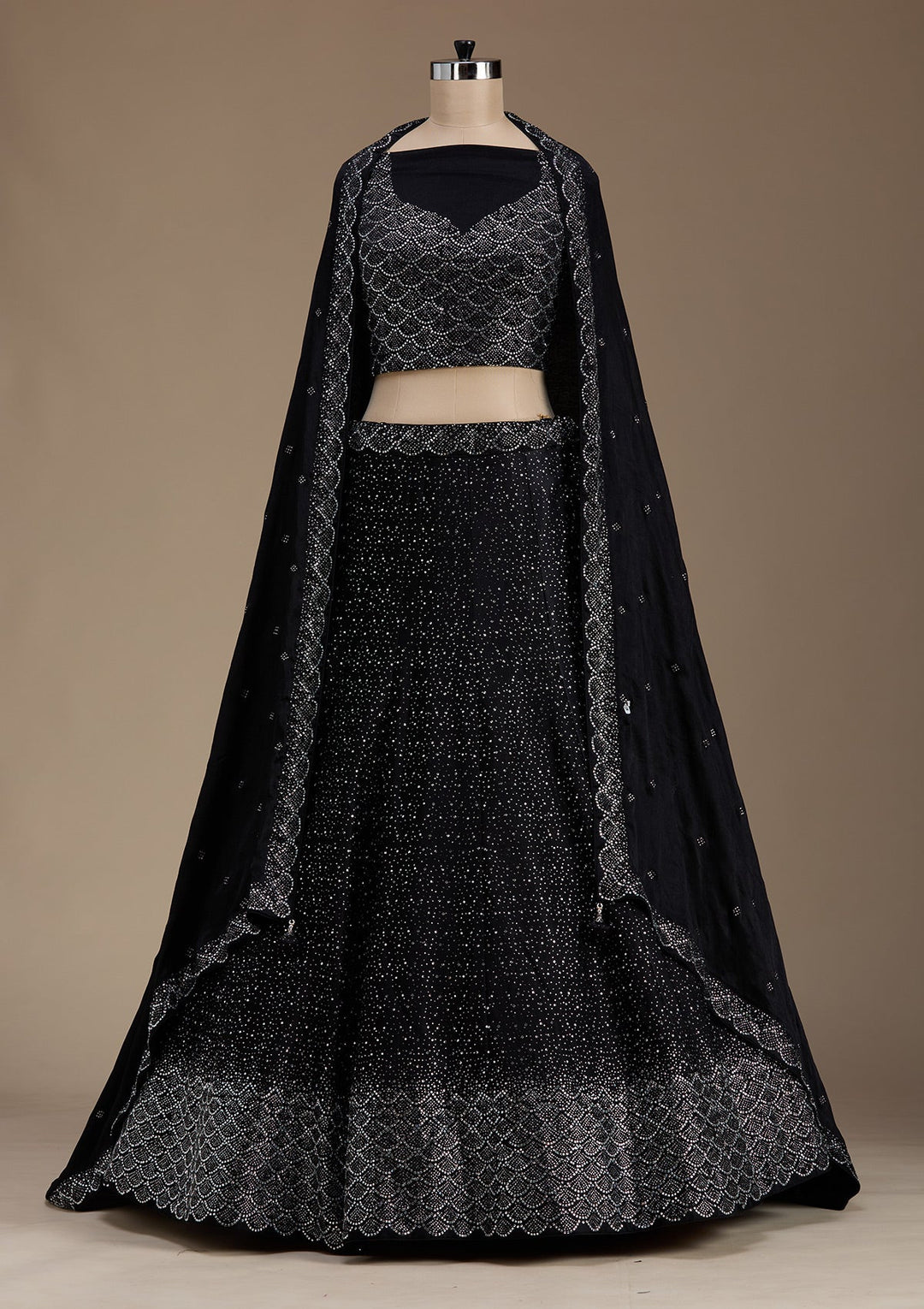 Black Stonework Semi Crepe Semi-Stitched Lehenga-koskii