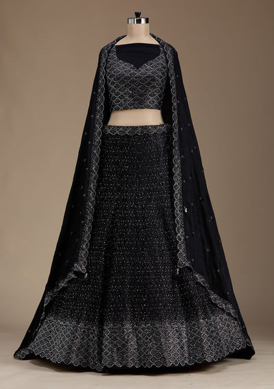 Black Stonework Semi Crepe Semi-Stitched Lehenga-koskii