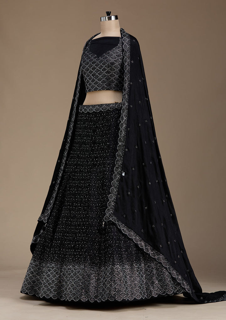Black Stonework Semi Crepe Semi-Stitched Lehenga-koskii