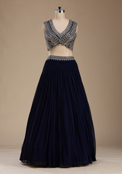 Navy Blue Zariwork Georgette Readymade Lehenga-koskii
