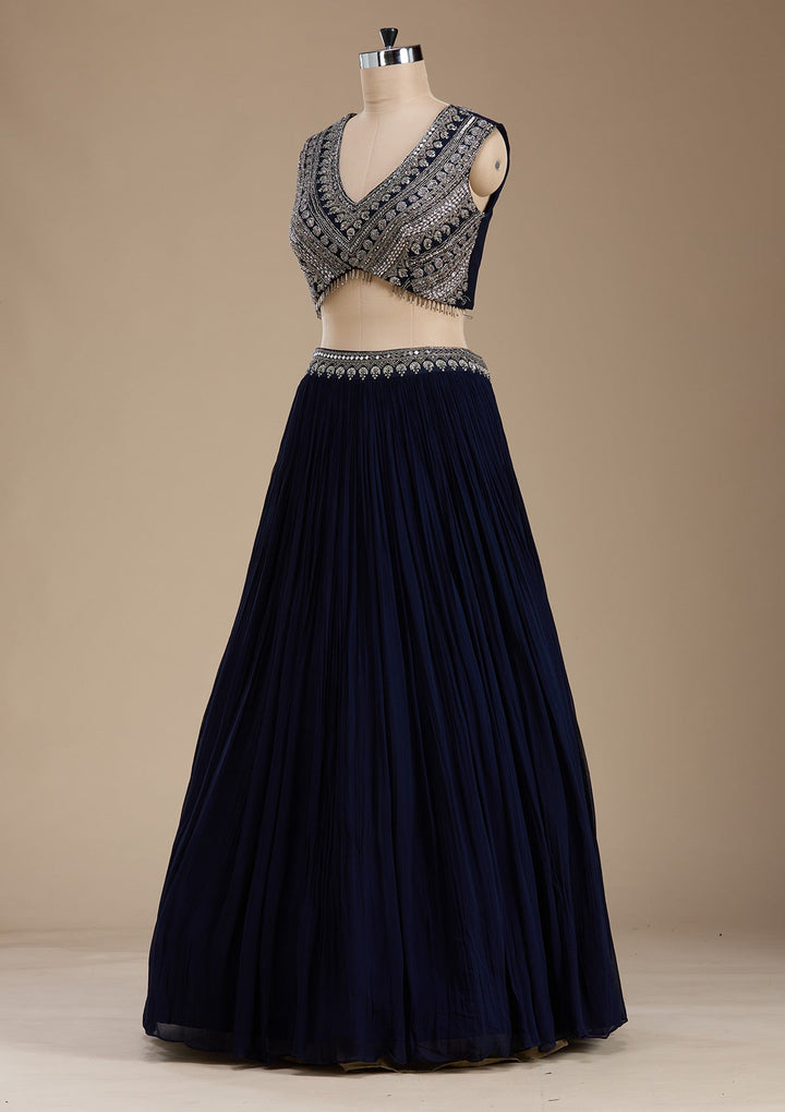Navy Blue Zariwork Georgette Readymade Lehenga-koskii