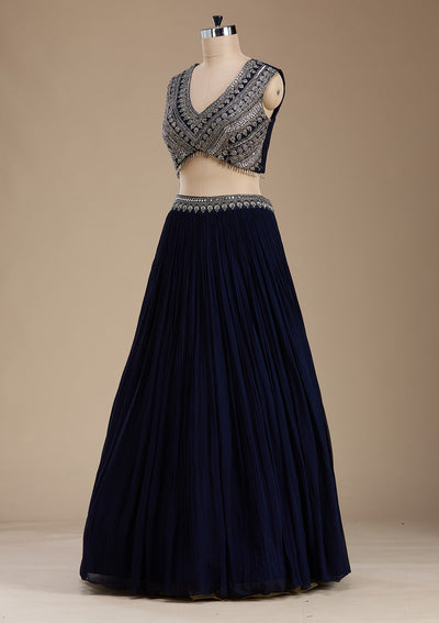 Navy Blue Zariwork Georgette Readymade Lehenga-koskii