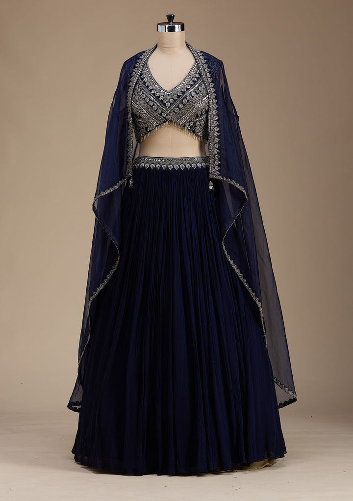 Navy Blue Zariwork Georgette Readymade Lehenga-koskii
