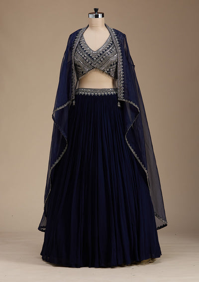 Navy Blue Zariwork Georgette Readymade Lehenga-koskii