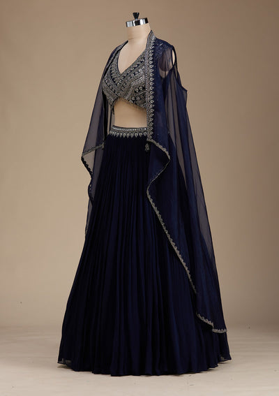 Navy Blue Zariwork Georgette Readymade Lehenga-koskii