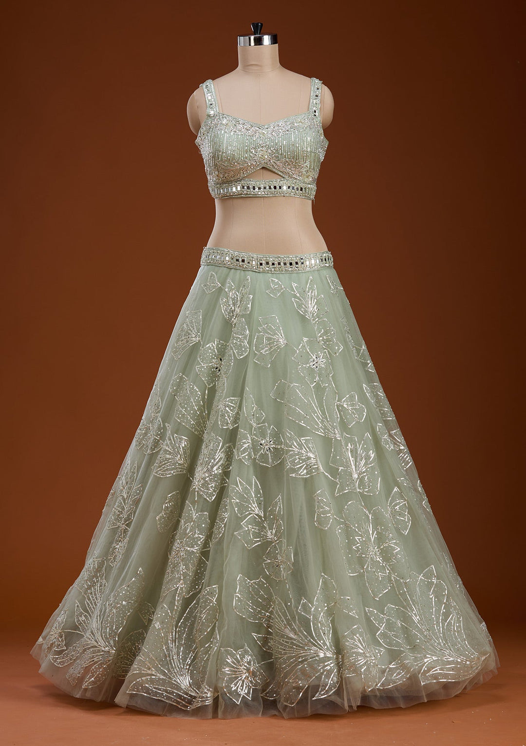 Pista Green Cutdana Net Readymade Lehenga-koskii