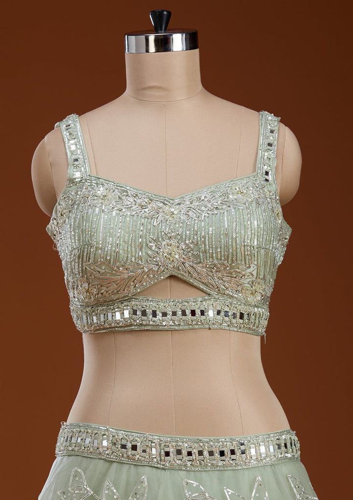 Pista Green Cutdana Net Readymade Lehenga-koskii