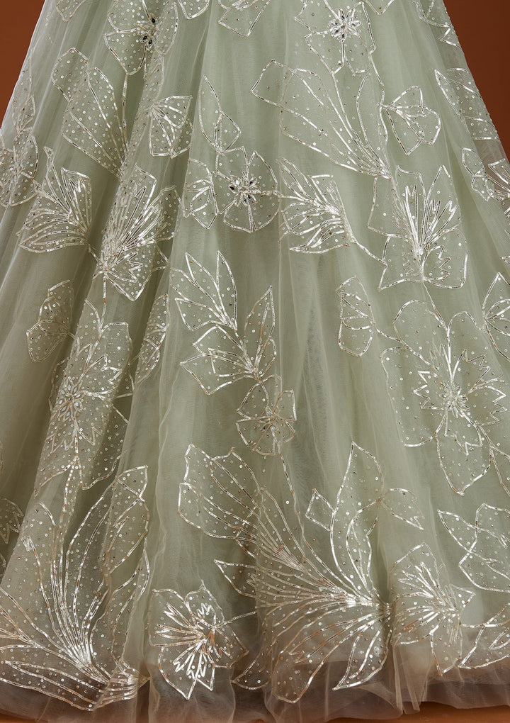 Pista Green Cutdana Net Readymade Lehenga-koskii