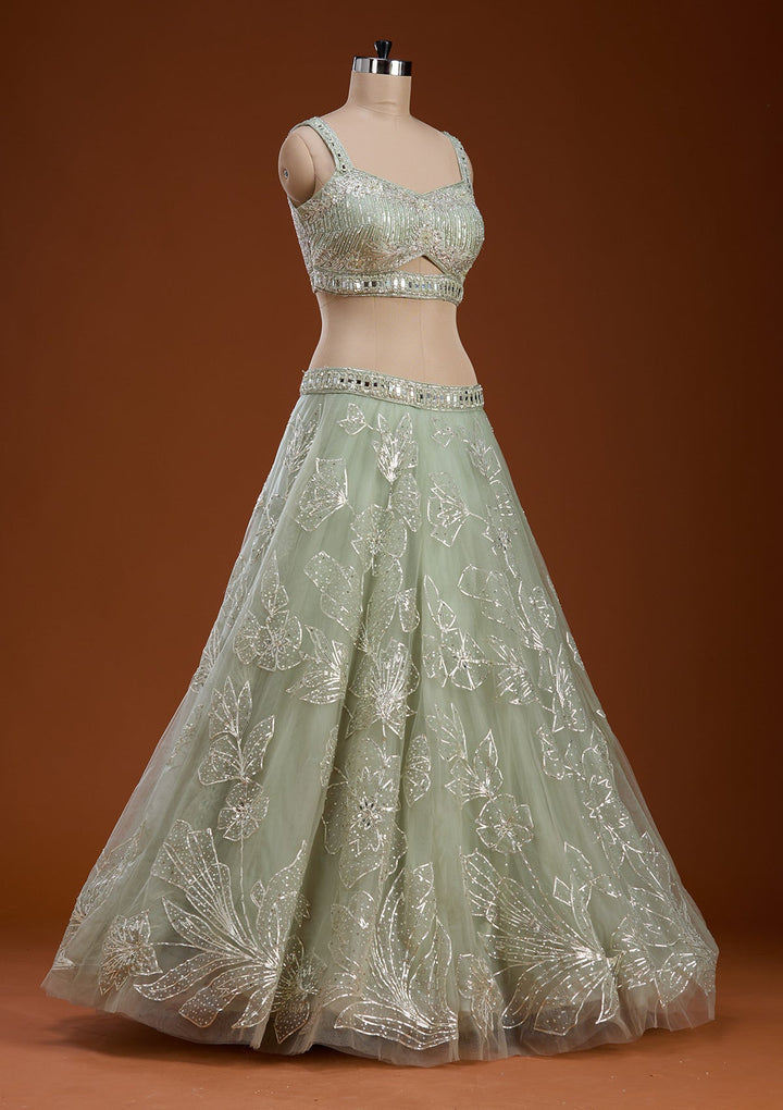 Pista Green Cutdana Net Readymade Lehenga-koskii