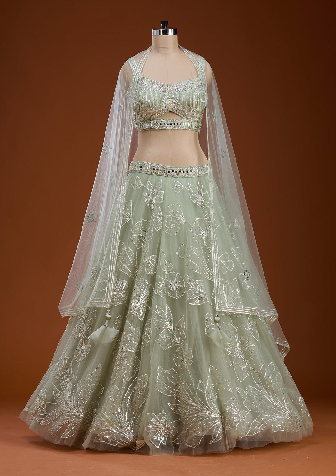 Pista Green Cutdana Net Readymade Lehenga-koskii