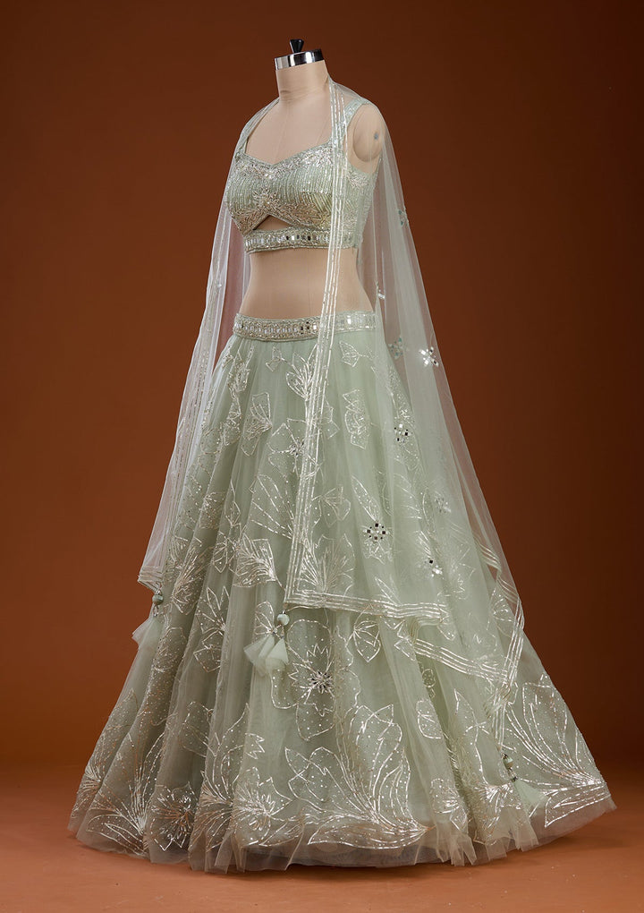 Pista Green Cutdana Net Readymade Lehenga-koskii