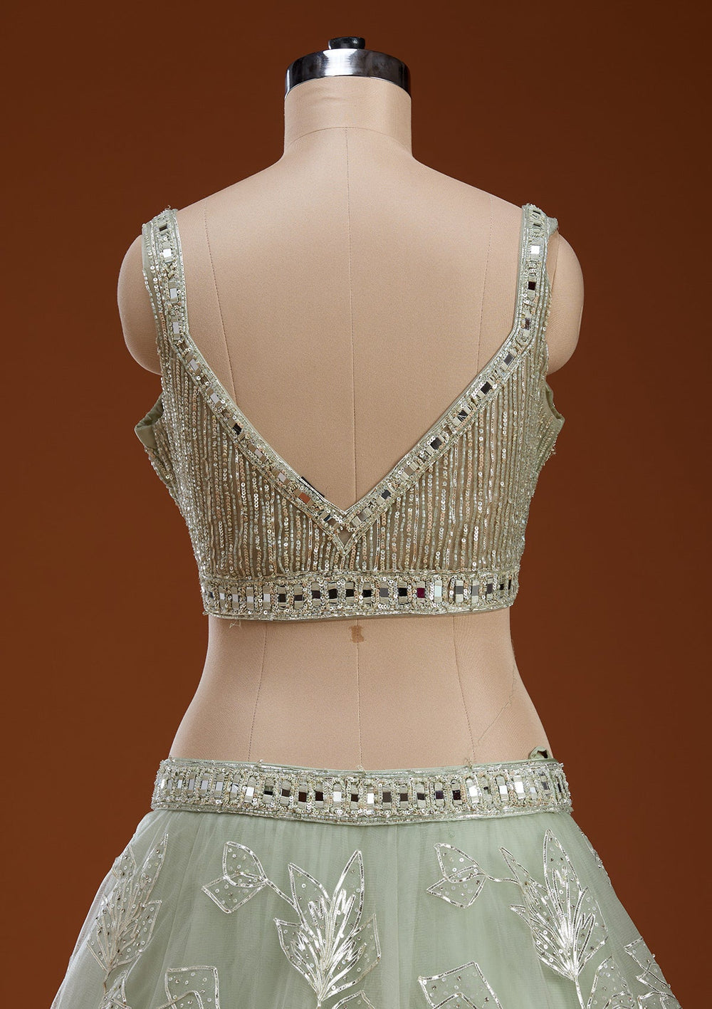 Pista Green Cutdana Net Readymade Lehenga-koskii