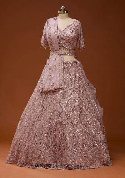 Baby Pink Cutdana Net Readymade Lehenga_Koskii