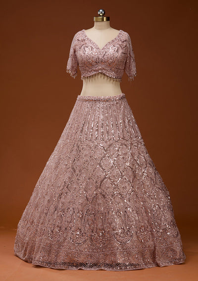 Baby Pink Cutdana Net Readymade Lehenga_Koskii