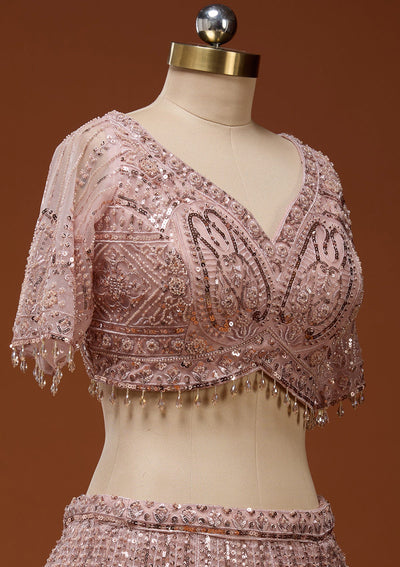Baby Pink Cutdana Net Readymade Lehenga_Koskii