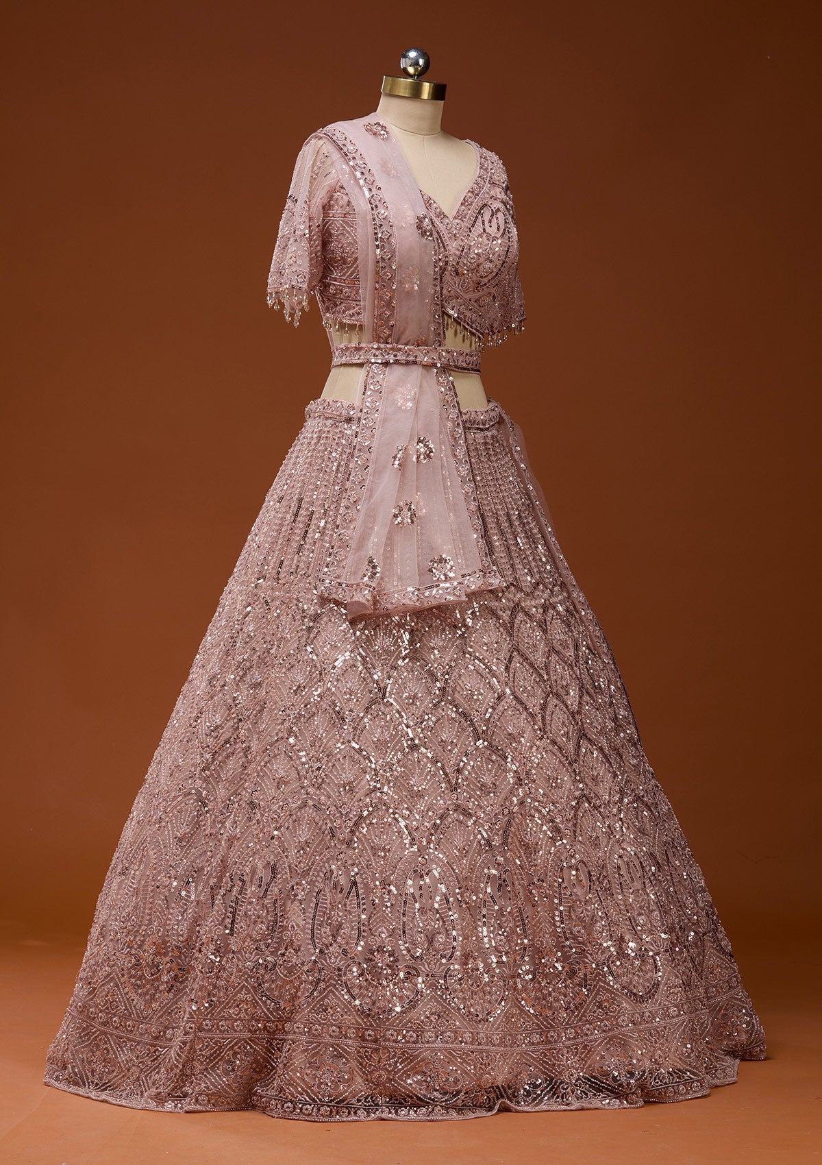 Baby Pink Cutdana Net Readymade Lehenga_Koskii