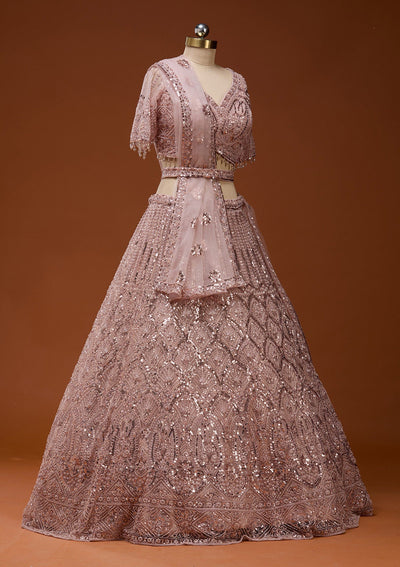 Baby Pink Cutdana Net Readymade Lehenga_Koskii