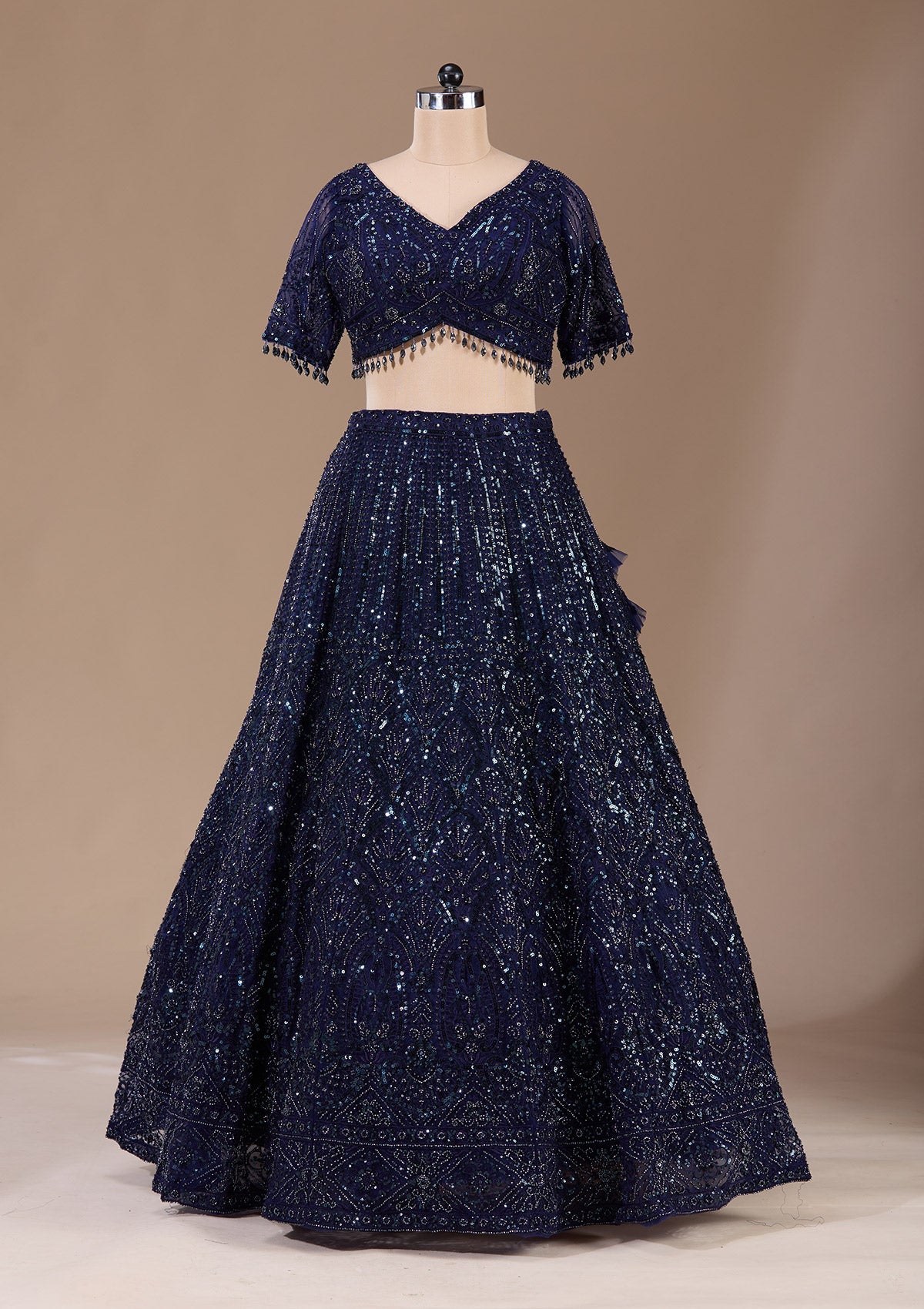 Navy Blue Cutdana Net Readymade Lehenga-Koskii