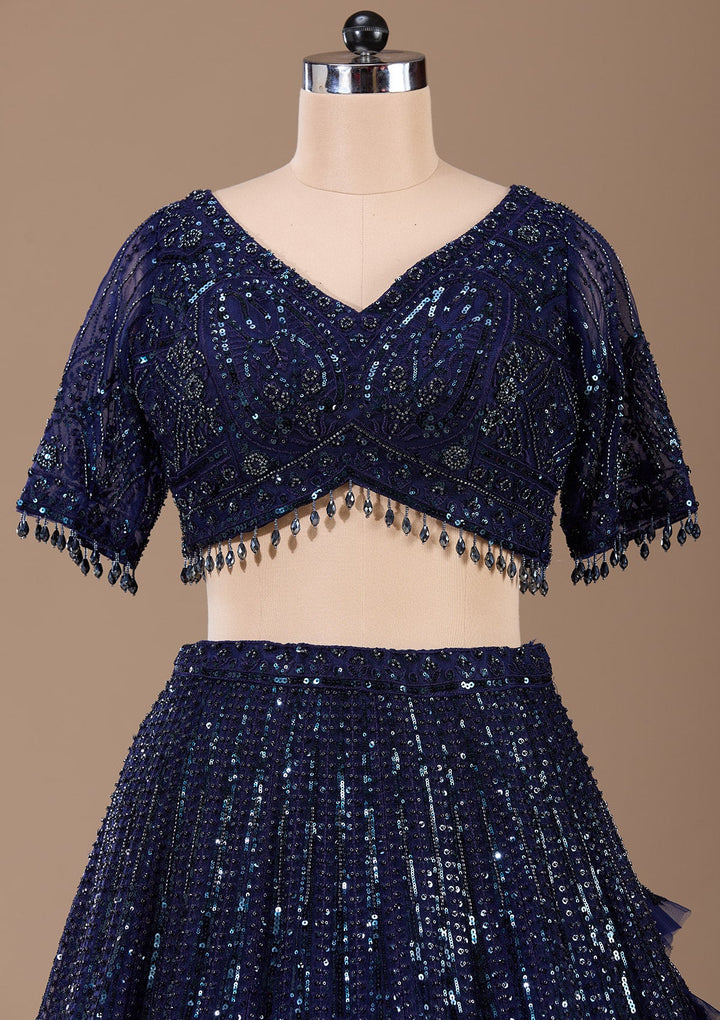 Navy Blue Cutdana Net Readymade Lehenga-Koskii