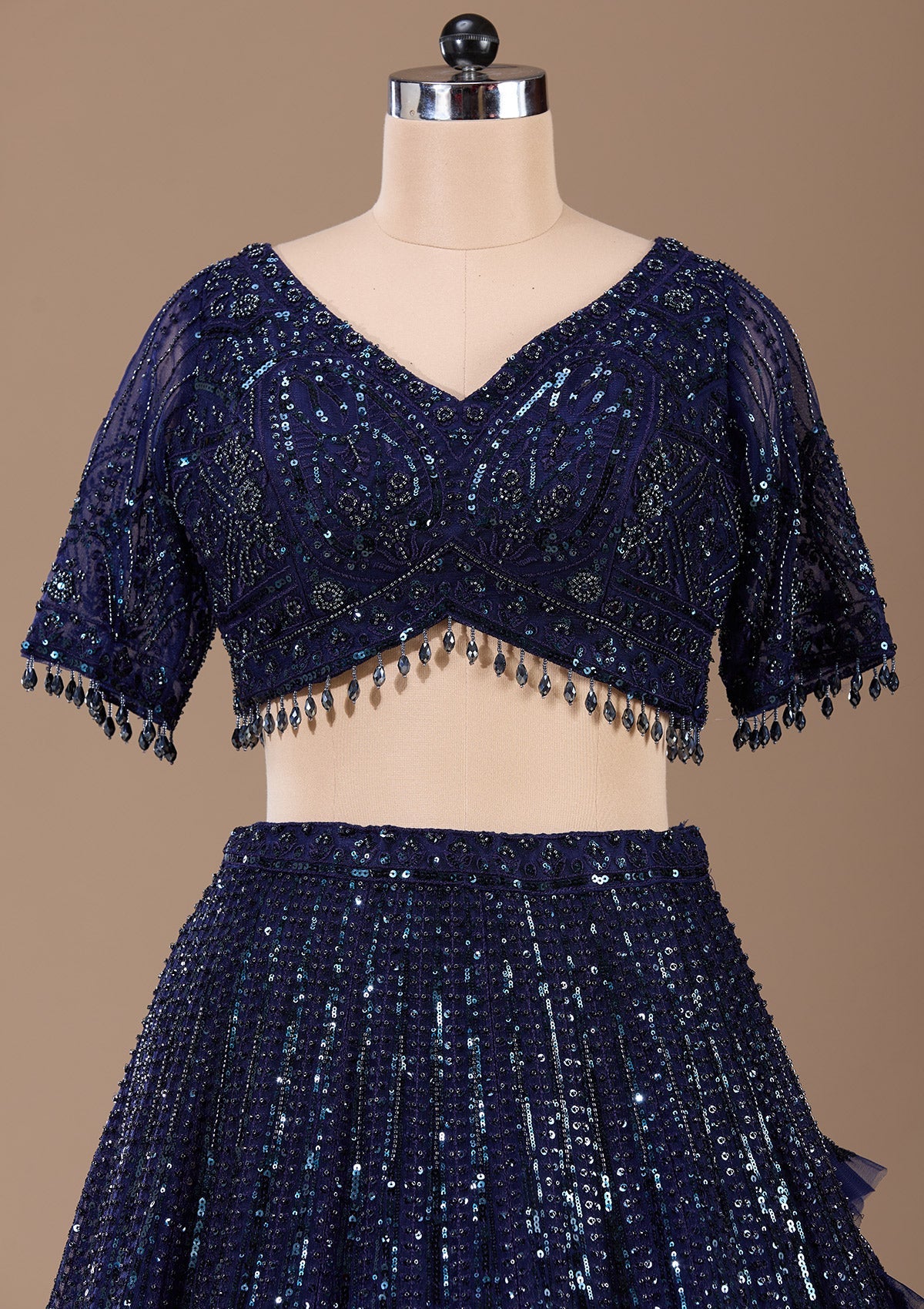Navy Blue Cutdana Net Readymade Lehenga-Koskii