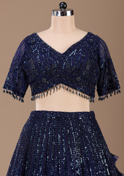 Navy Blue Cutdana Net Readymade Lehenga-Koskii
