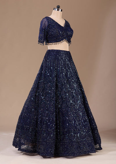 Navy Blue Cutdana Net Readymade Lehenga-Koskii