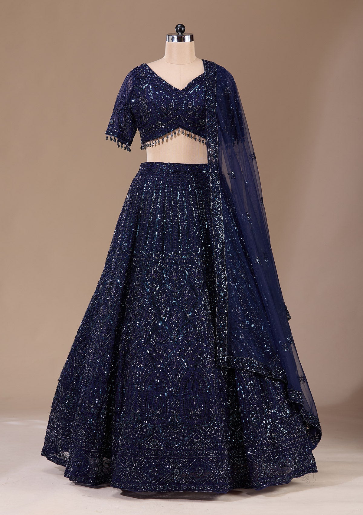 Navy Blue Cutdana Net Readymade Lehenga-Koskii