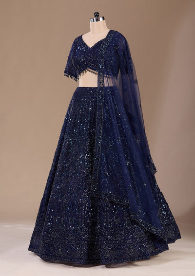 Navy Blue Cutdana Net Readymade Lehenga-Koskii