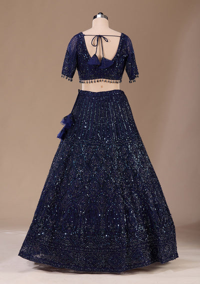 Navy Blue Cutdana Net Readymade Lehenga-Koskii