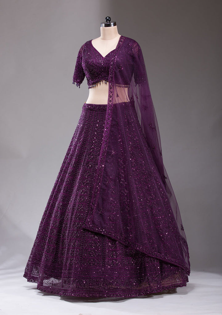 Wine Cutdana Net Readymade Lehenga-koskii