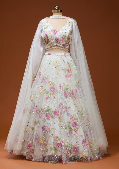 Off White Applique Imported Fabric Readymade Lehenga_Koskii