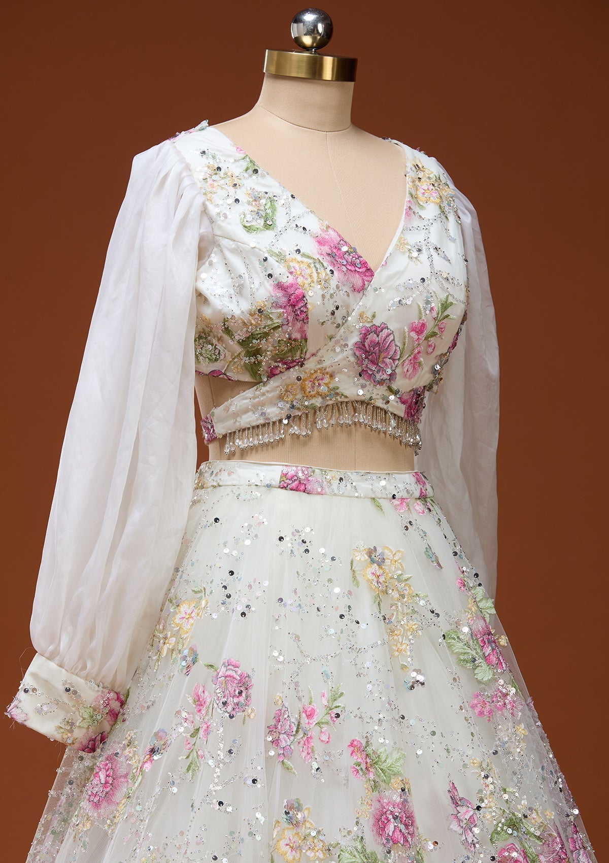 Off White Applique Imported Fabric Readymade Lehenga_Koskii