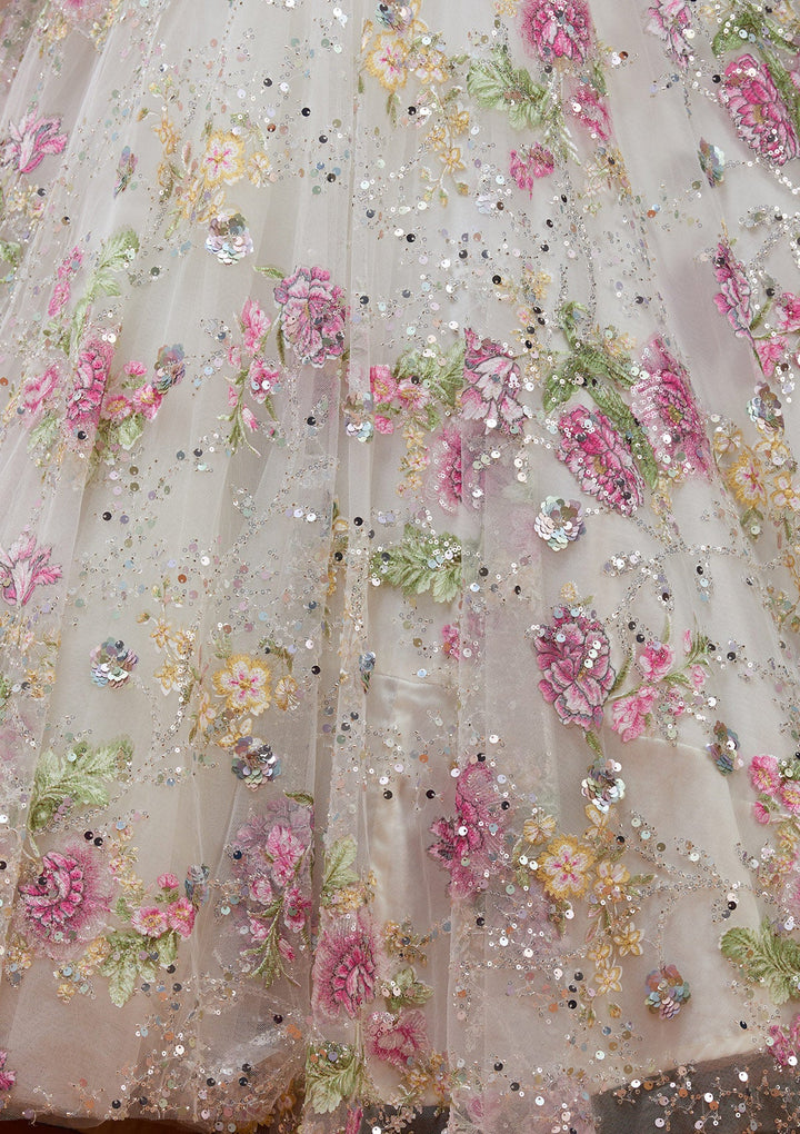 Off White Applique Imported Fabric Readymade Lehenga_Koskii