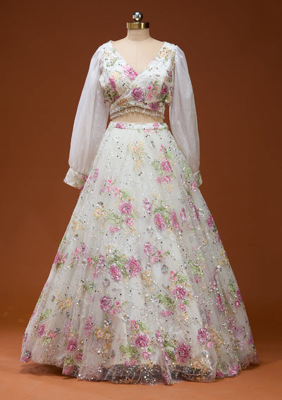 Off White Applique Imported Fabric Readymade Lehenga_Koskii
