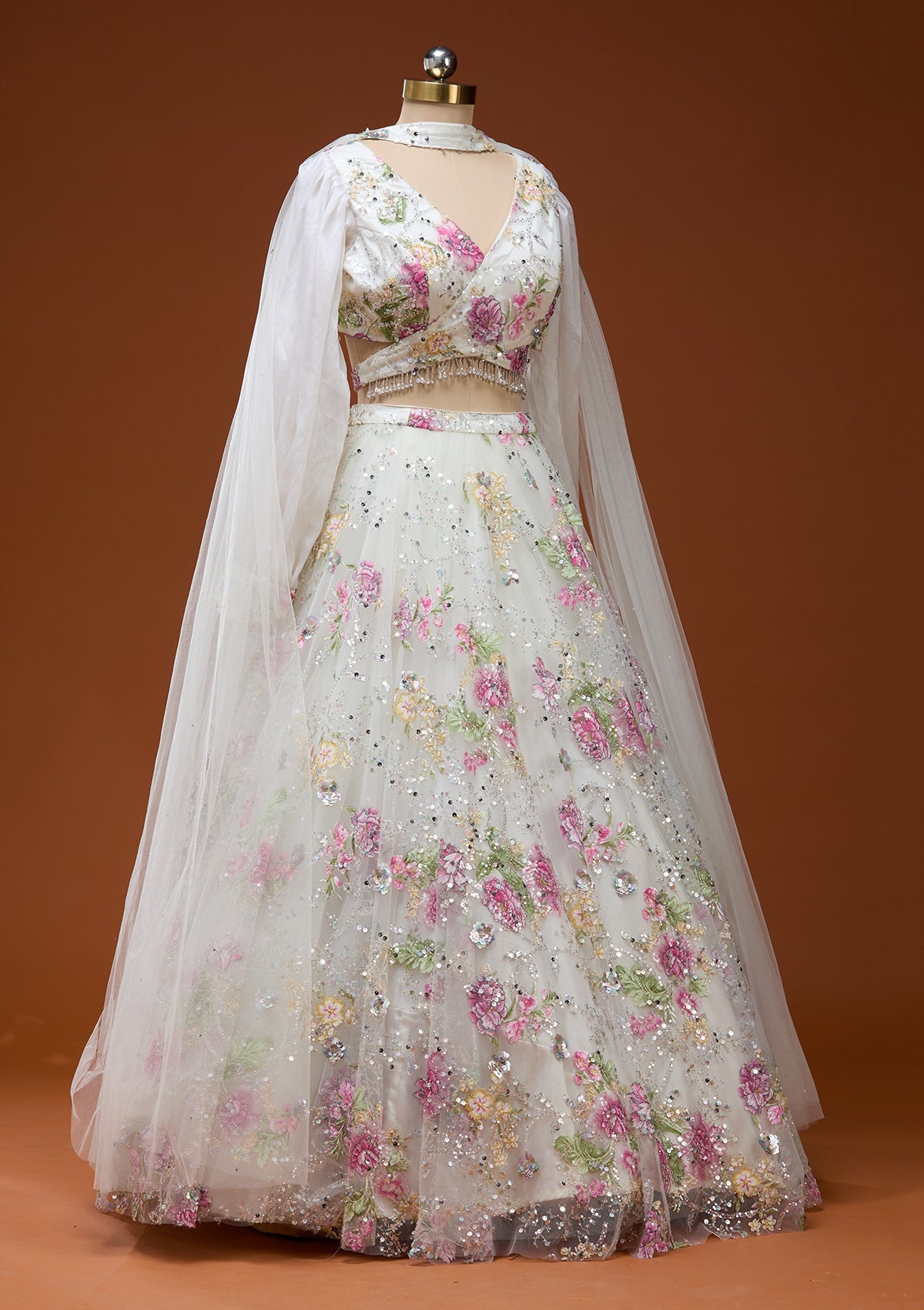 Off White Applique Imported Fabric Readymade Lehenga_Koskii