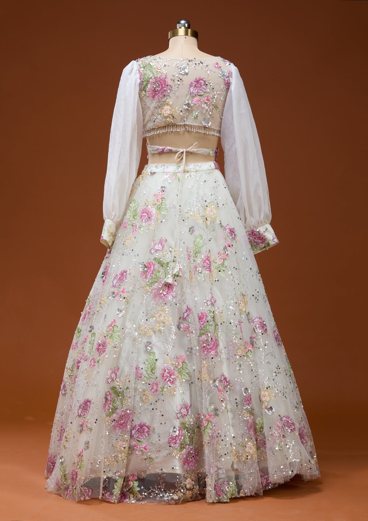 Off White Applique Imported Fabric Readymade Lehenga_Koskii