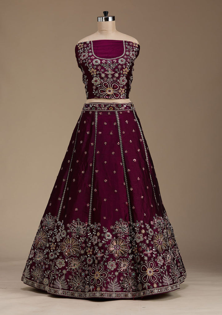 Wine Zariwork Satin Semi-Stitched Lehenga-koskii