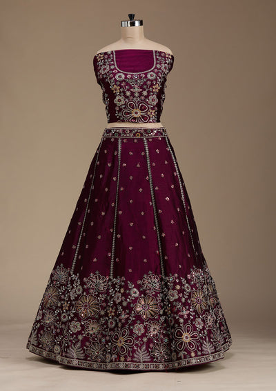 Wine Zariwork Satin Semi-Stitched Lehenga-koskii