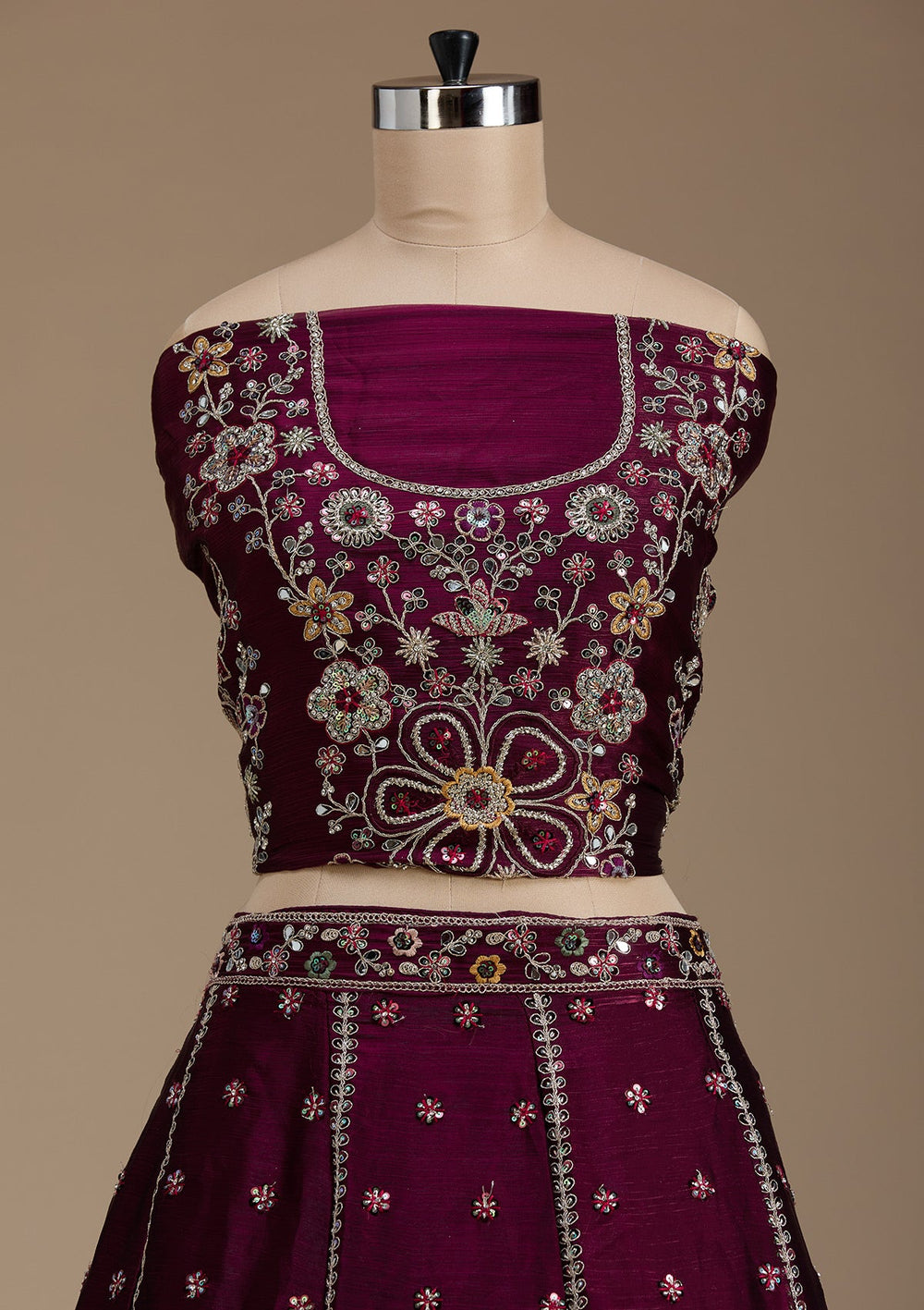 Wine Zariwork Satin Semi-Stitched Lehenga-koskii