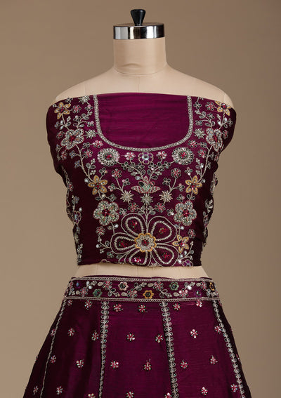 Wine Zariwork Satin Semi-Stitched Lehenga-koskii